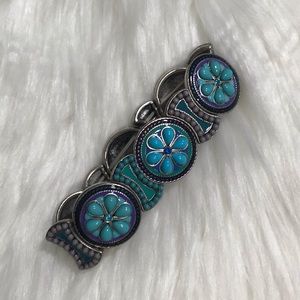 Boho Faux Turquoise Floral Silver Toned Stretch Bracelet